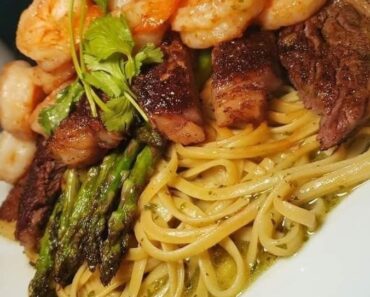 Steak and Shrimp Pesto Sauce Linguini