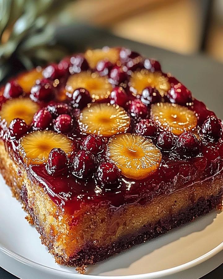 Holiday cranberry pineapple upside-down cake close-up