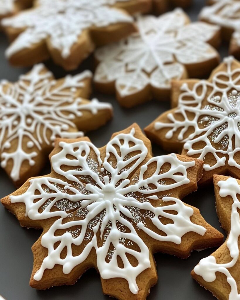 Frosty White Chocolate Snowflake Cookies on a holiday plate