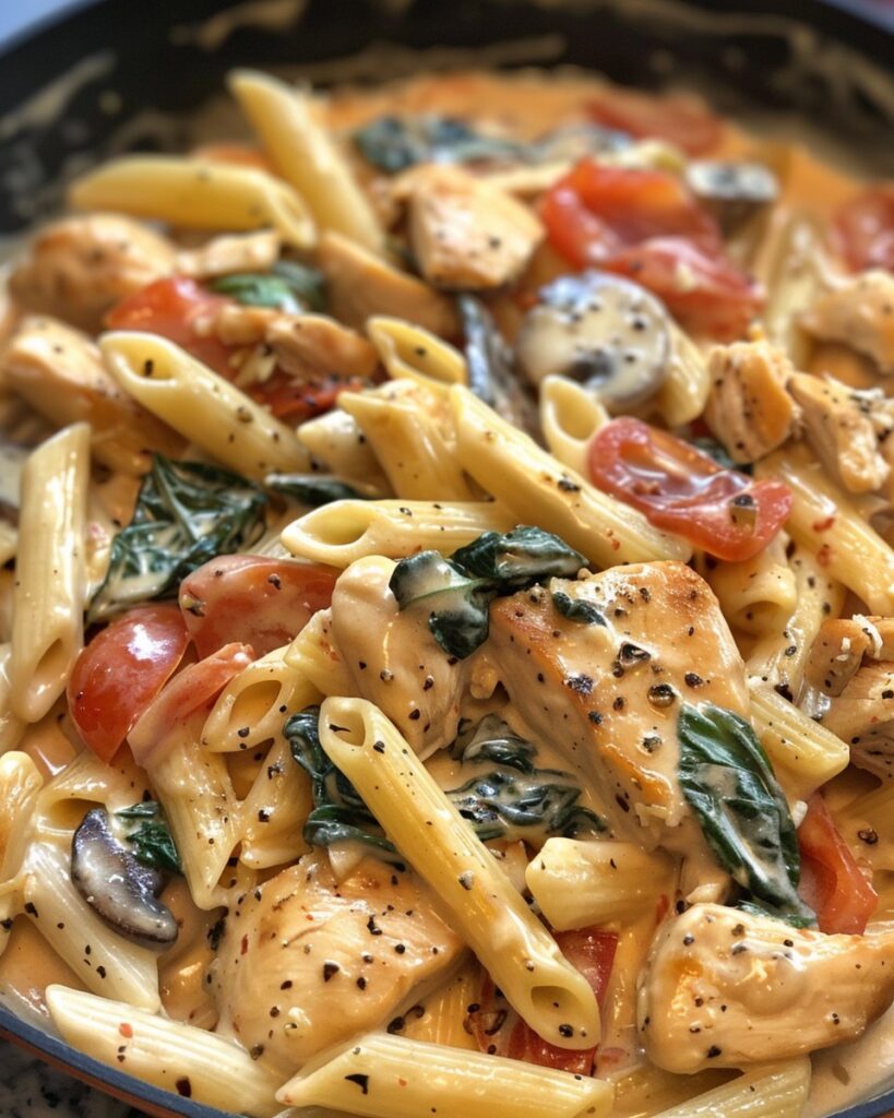 One-Pot Creamy Tuscan Chicken Pasta in a skillet