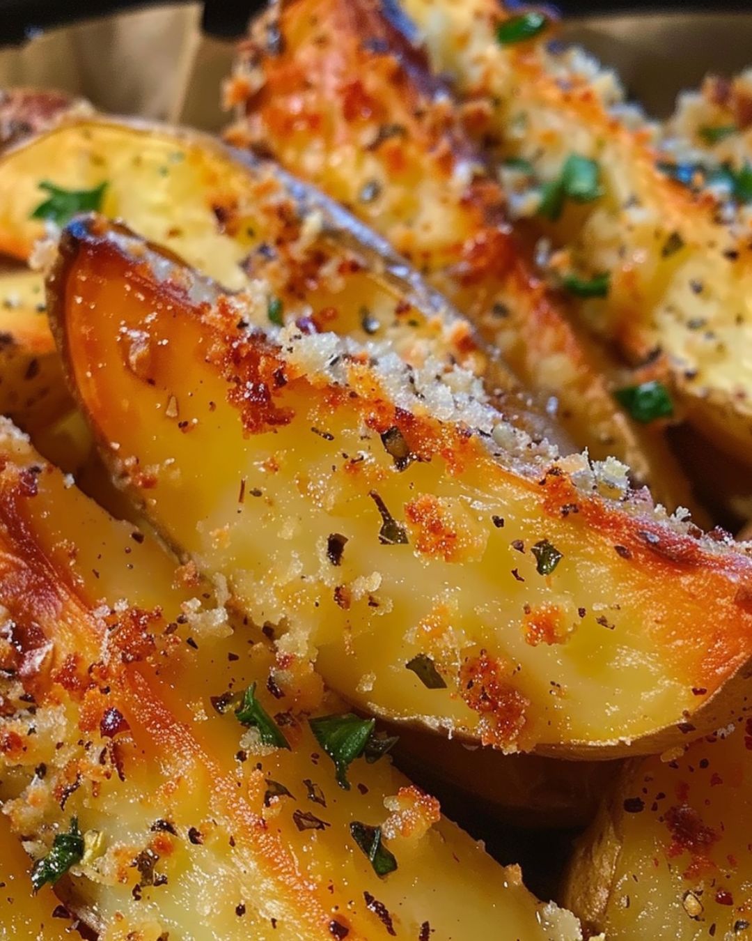 Baked Garlic Parmesan Potato Wedges on a baking sheet