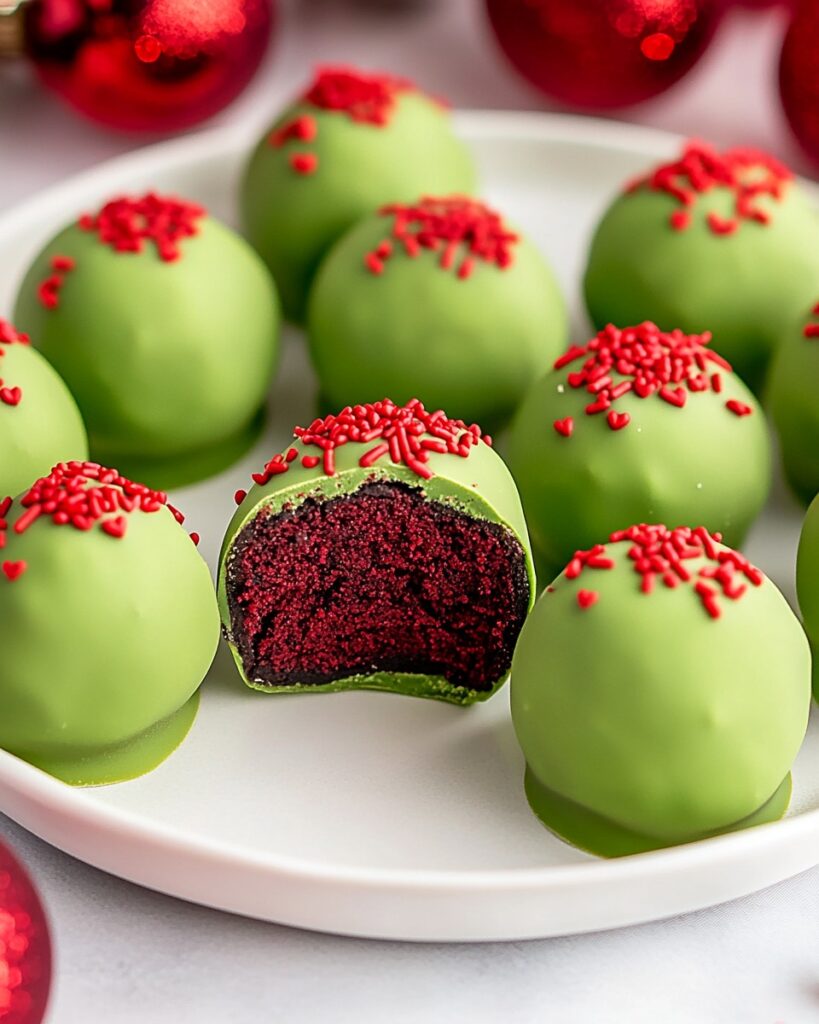 Grinch Oreo Truffles made with Oreo cookies and green chocolate coating
