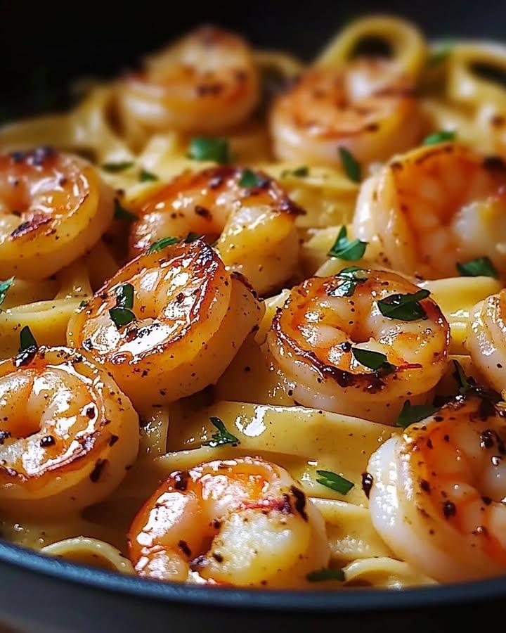 Creamy one-pan shrimp fettuccine served hot