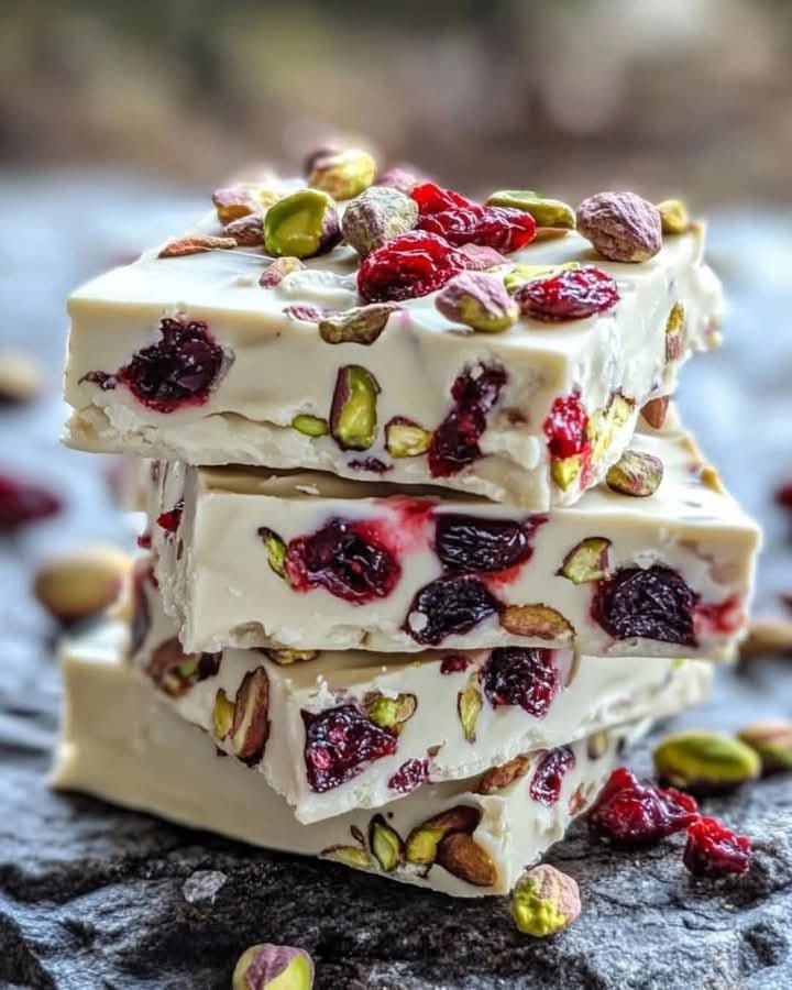 White Chocolate Pistachio Cranberry Fudge cut into squares