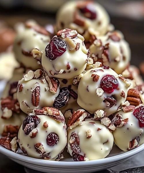 White chocolate cranberry truffles with creamy white chocolate coating