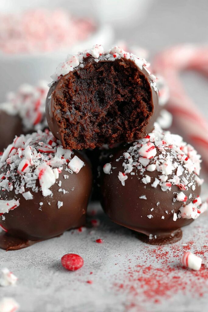 Chocolate peppermint brownie truffles coated in chocolate for Christmas