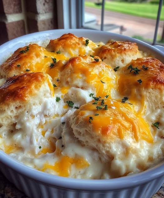 Cheesy Holiday Chicken Biscuit Casserole fresh from the oven