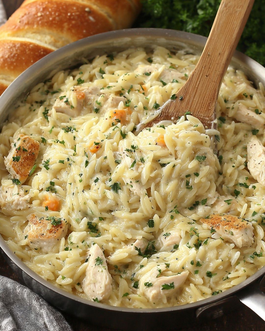Cozy Creamy Chicken Orzo Bake in a baking dish