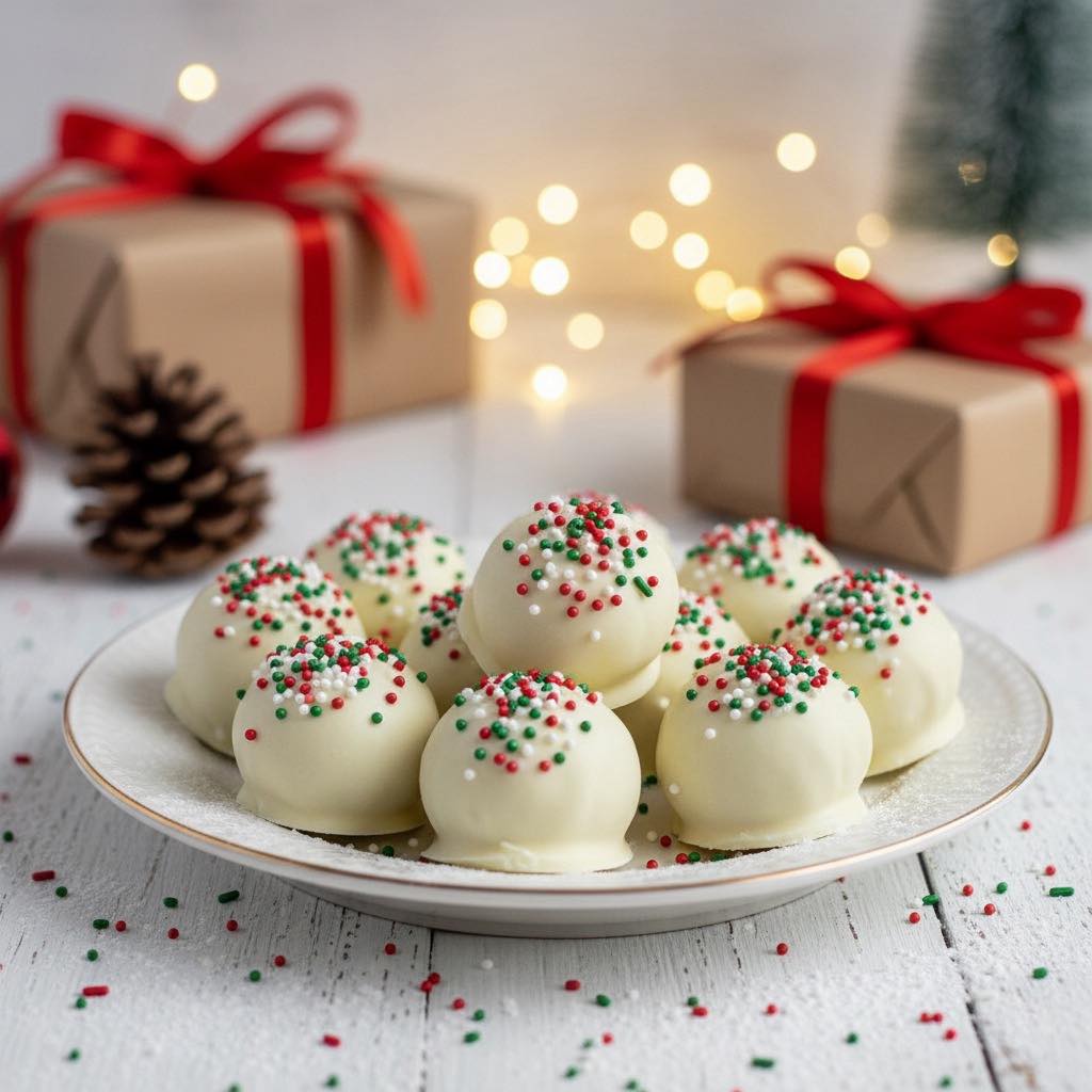 Christmas Sugar Cookie Truffles with white chocolate coating