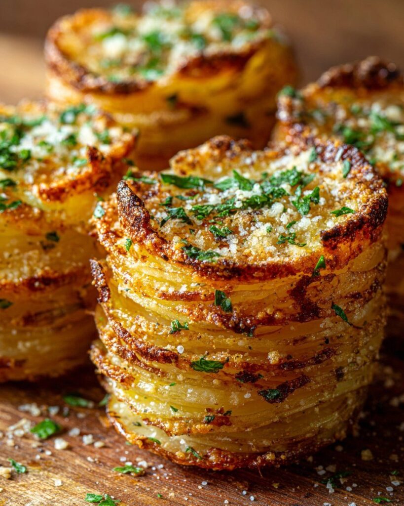 Crispy Roasted Garlic Parmesan Potato Stacks in a muffin tin
