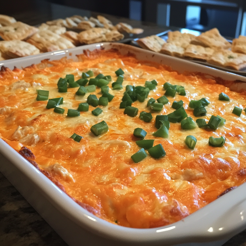 Creamy Buffalo Chicken Dip with cheese topping