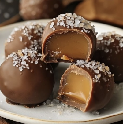 Salted caramel chocolate truffles with chocolate coating and sea salt