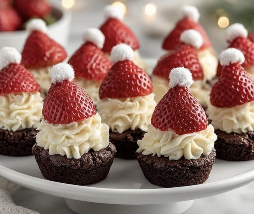 Santa Hat Brownie Bites decorated with strawberries