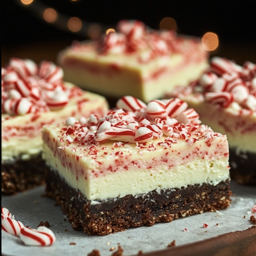 Peppermint Cheesecake Brownie Bars sliced on a tray