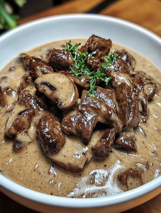 Creamy mushroom beef stroganoff in a skillet
