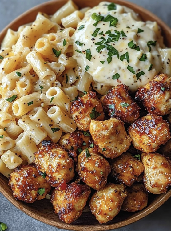 Garlic Butter Chicken Bites with Creamy Parmesan Pasta