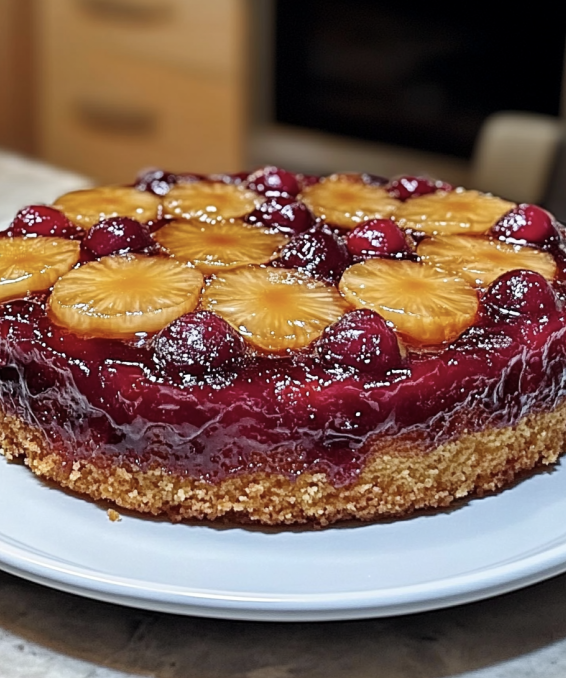 Cranberry pineapple upside-down cake with caramelized fruit topping