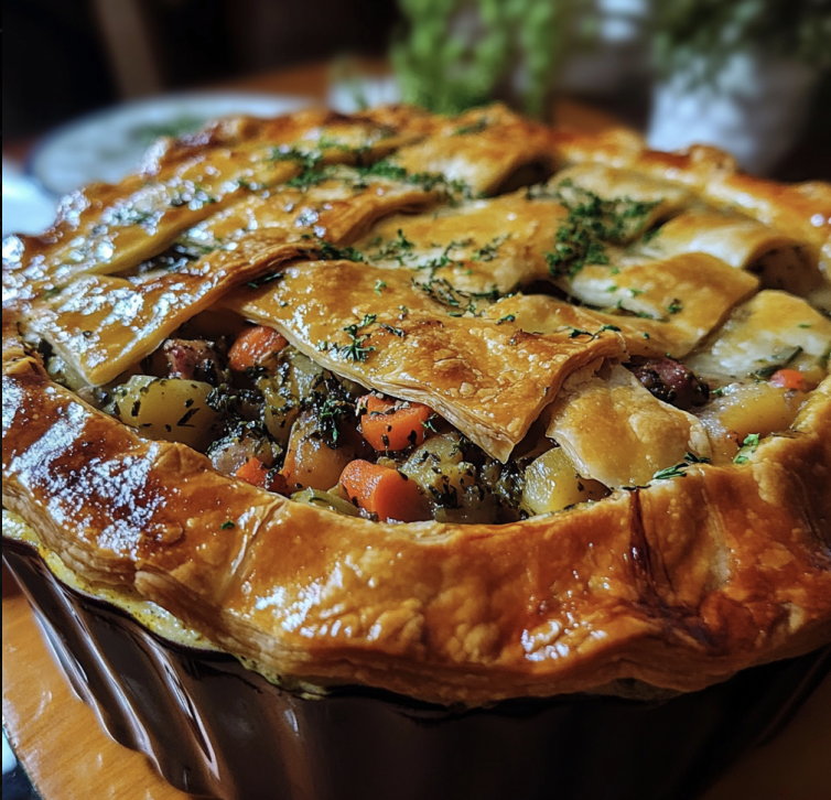 Homemade winter vegetable and sausage pot pie with golden flaky crust