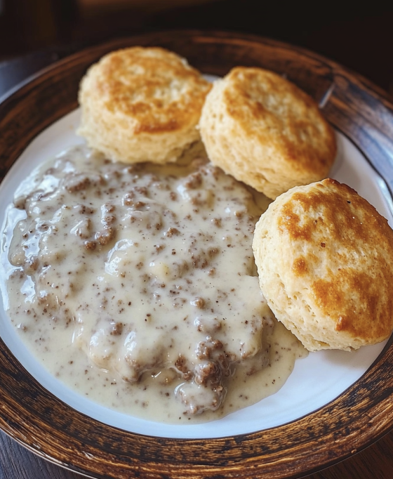 Creamy sausage gravy and biscuits breakfast plate
