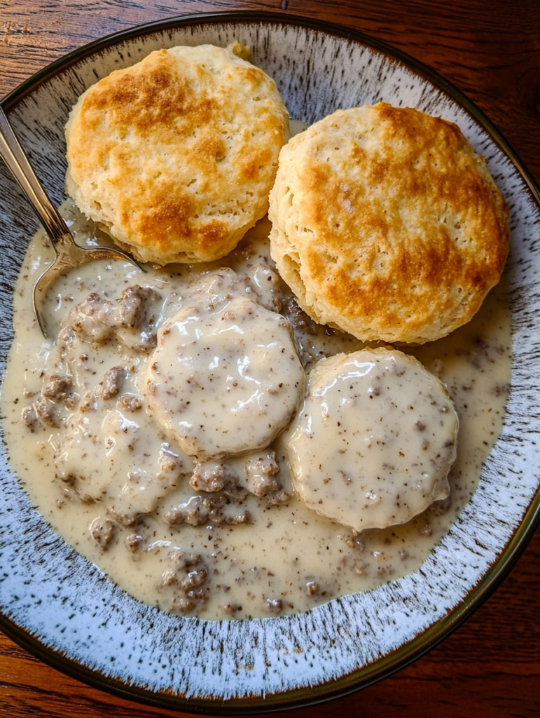 Homemade sausage gravy and biscuits served warm