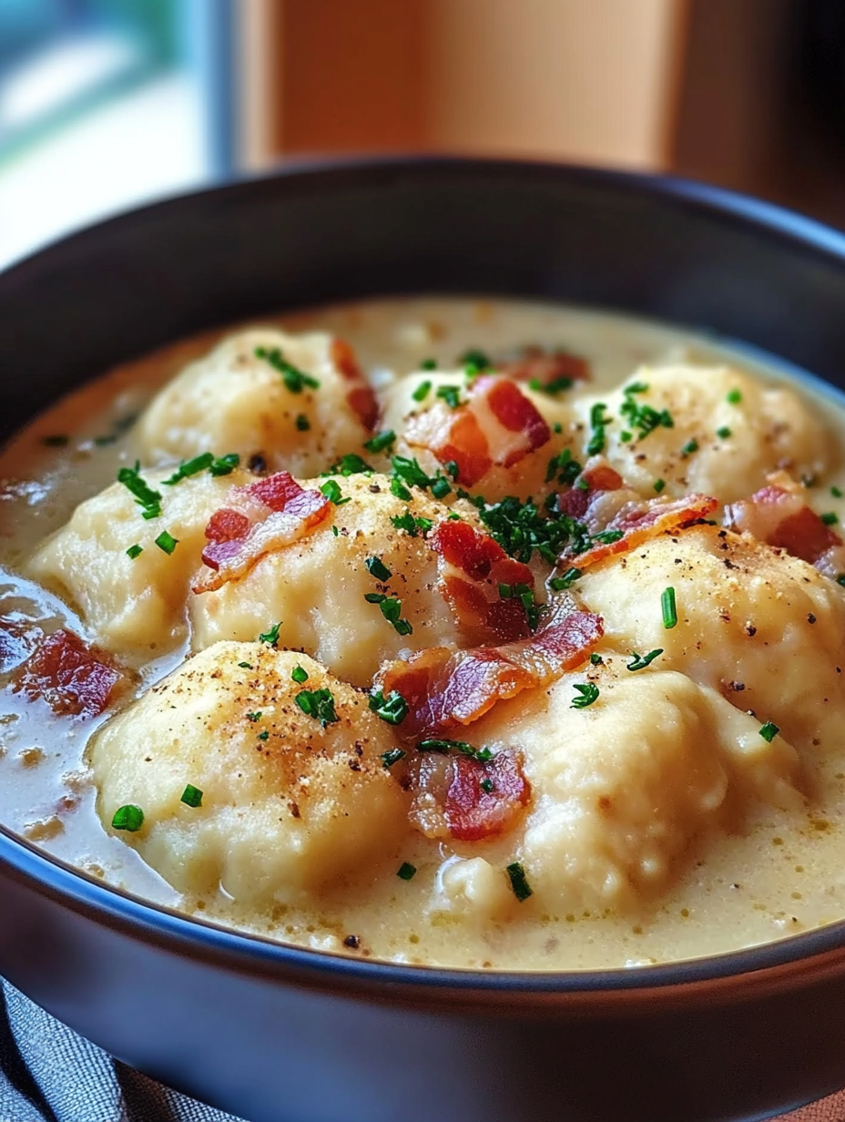Chicken and dumplings soup with smoked bacon