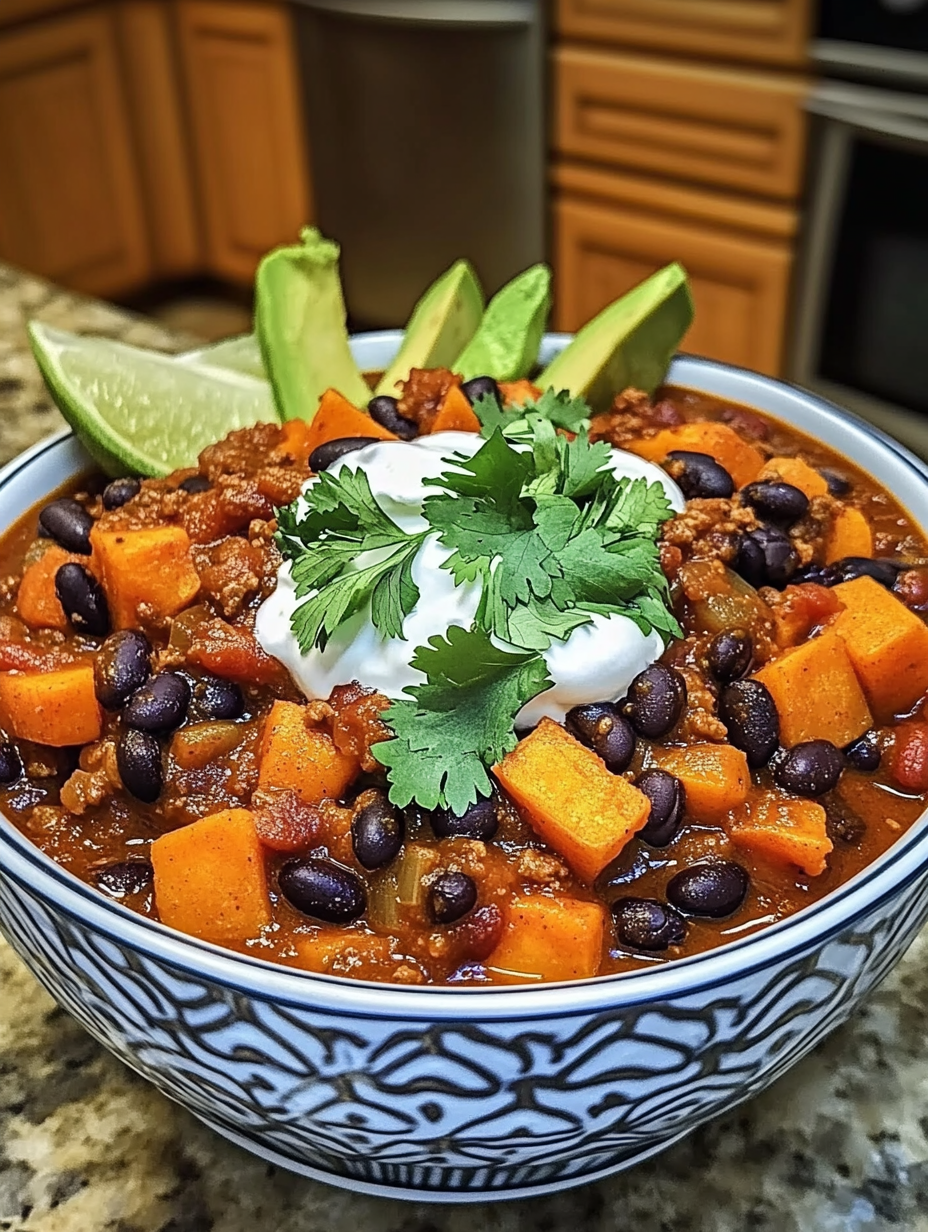 One-pot sweet potato and black bean chili in a bowl