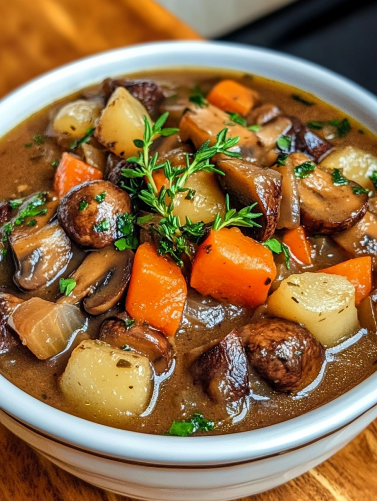 Cozy mushroom stew with root vegetables and herbs
