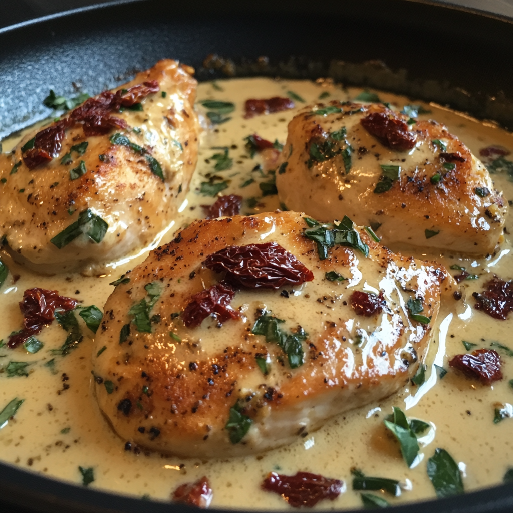 Creamy Tuscan Chicken with Sun-Dried Tomatoes in a skillet