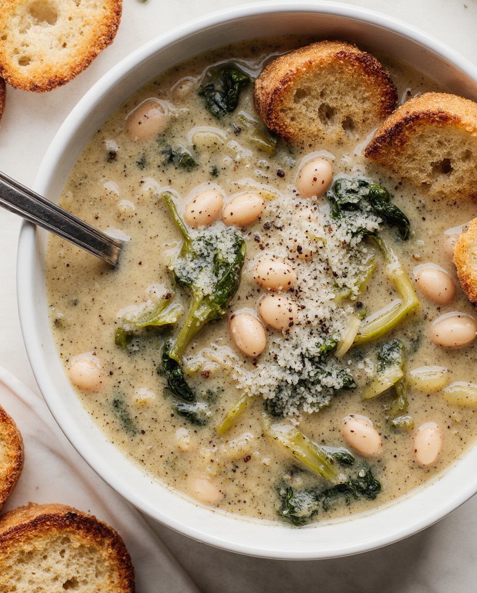 Homemade creamy white bean soup with escarole