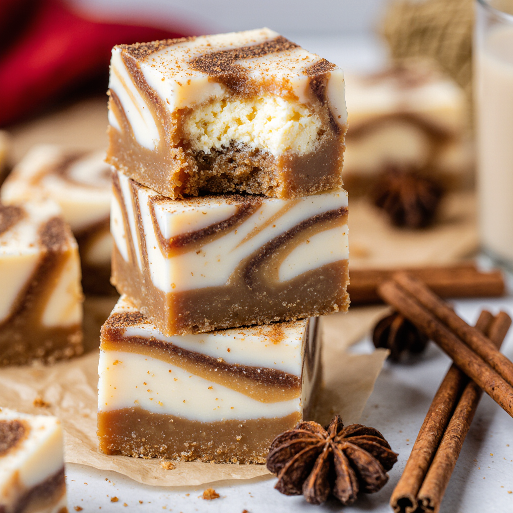 Eggnog Caramel Swirl Fudge cut into squares