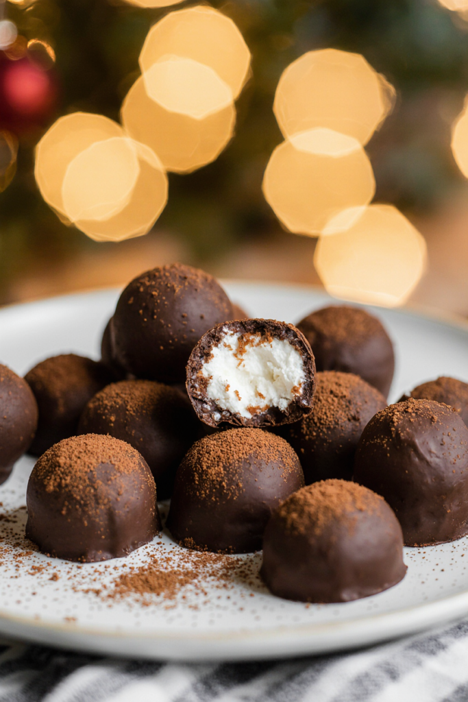 Hot cocoa marshmallow truffles with chocolate coating and marshmallow flavor