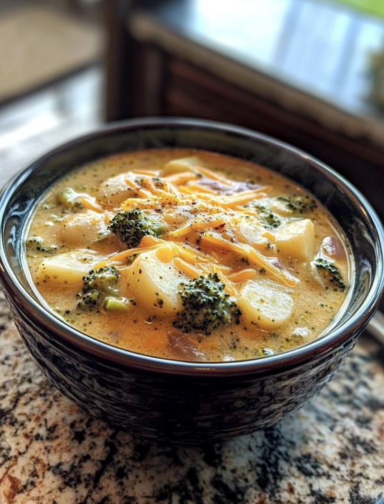 Creamy potato broccoli cheddar soup in slow cooker