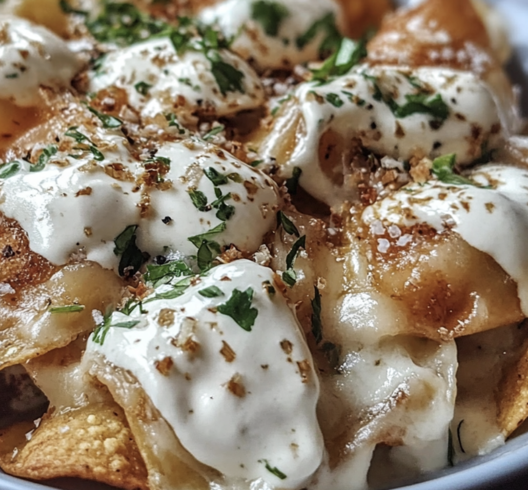 Pierogi nachos loaded with cheese and bacon