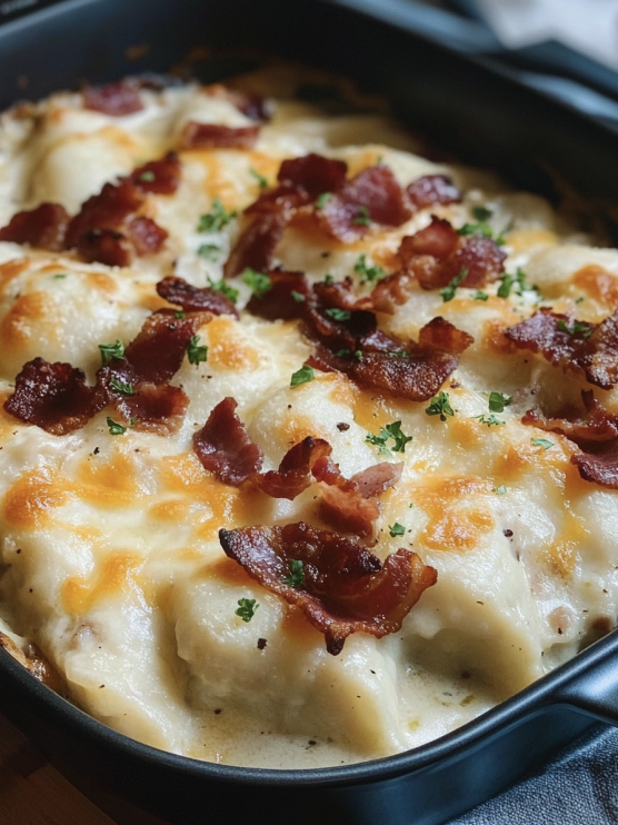 Potato pierogi casserole topped with bacon