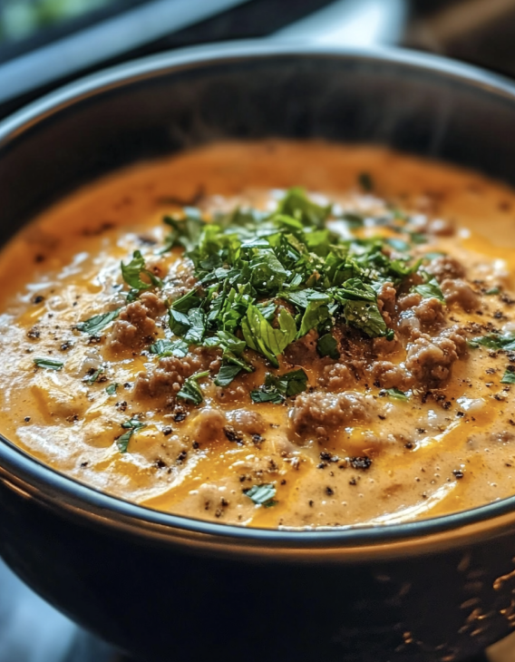 Creamy cheeseburger soup with crunchy crackers
