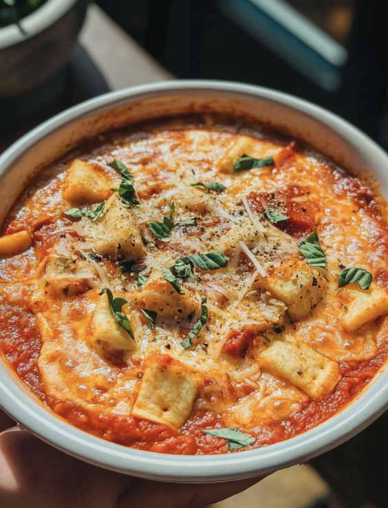 Creamy pizza soup with melted cheese