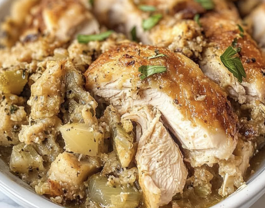 Creamy crockpot chicken and stuffing served hot