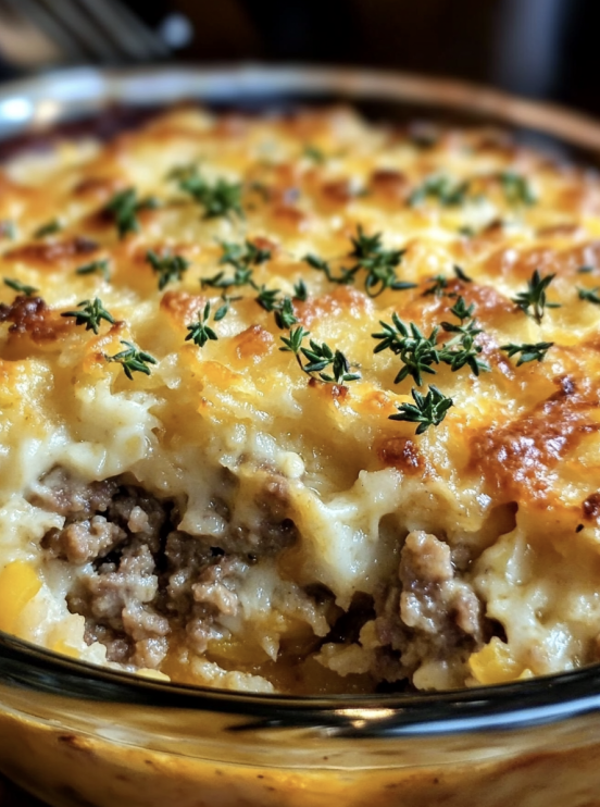 Cheesy hamburger hashbrown casserole in baking dish