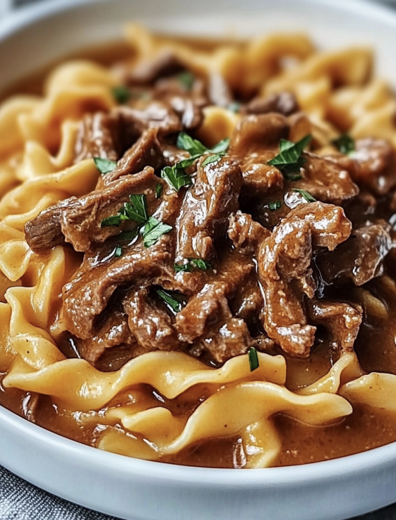 Slow cooker mississippi beef and noodles