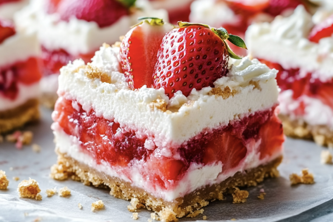 Strawberry shortcake cheesecake bars sliced and served