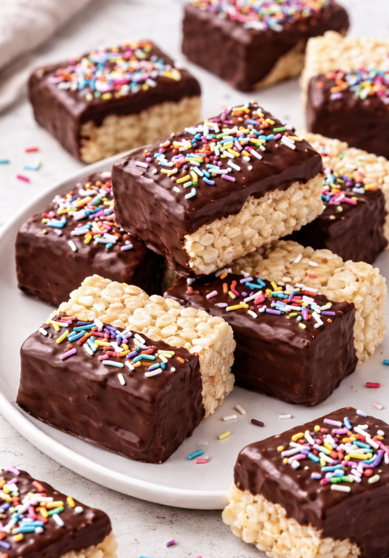 Chocolate dipped rice krispy treats on parchment paper