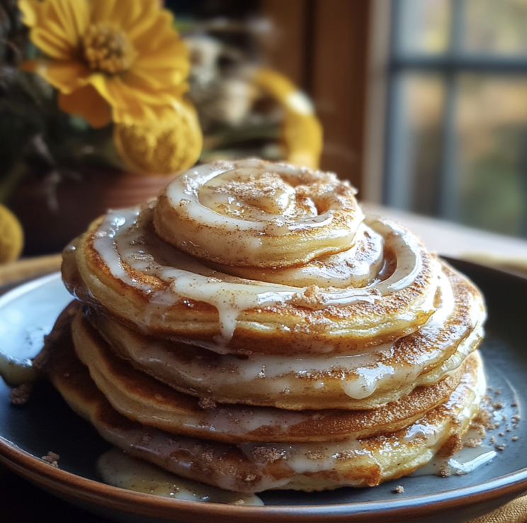 Cinnamon roll pancakes with cream cheese glaze