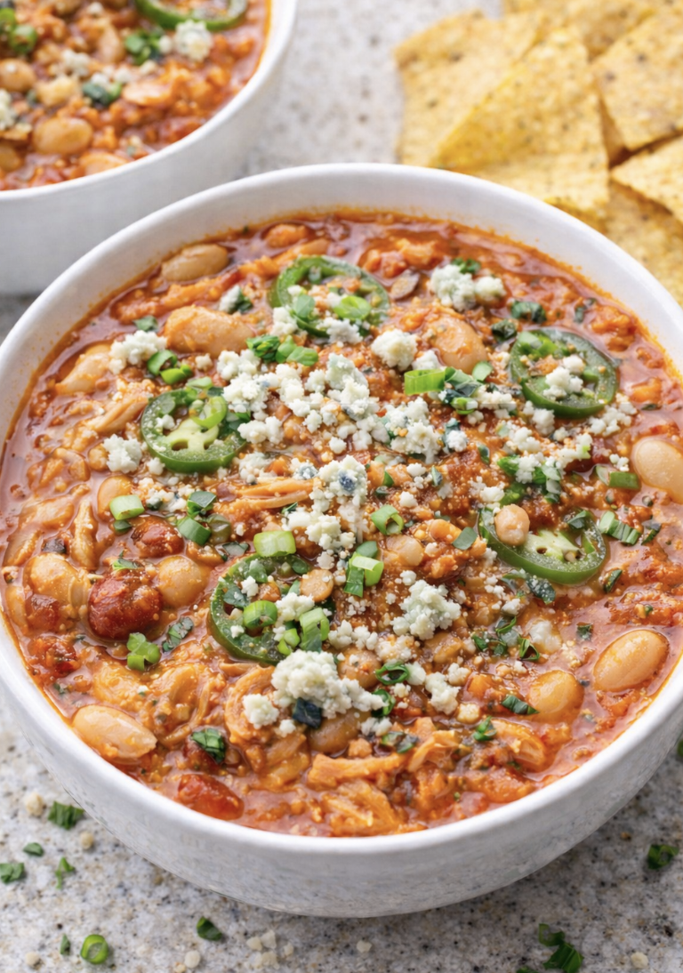 Slow cooker buffalo chicken chili served hot