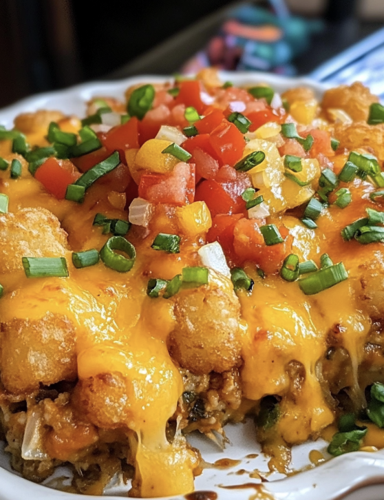 Cheesy loaded tater tot casserole with bacon