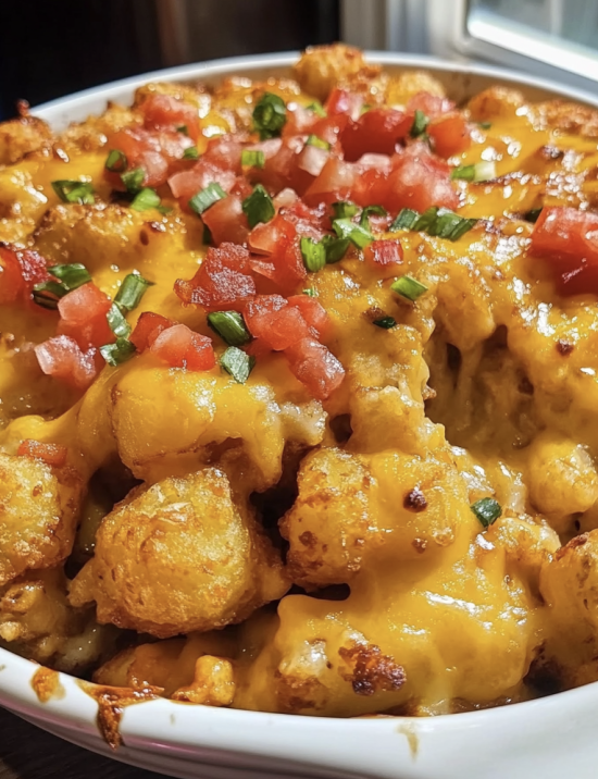 Loaded tater-tot casserole baked and cheesy