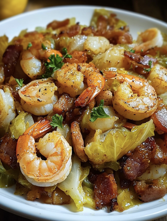 fried cabbage with shrimp sausage and bacon in skillet