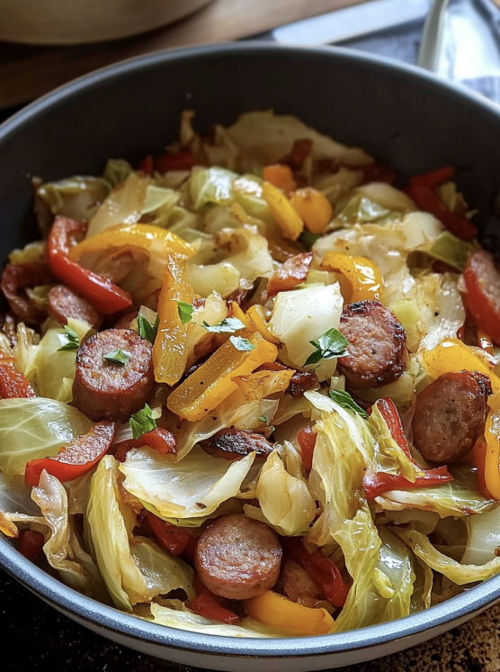 cabbage with peppers and sausage stir fry in skillet