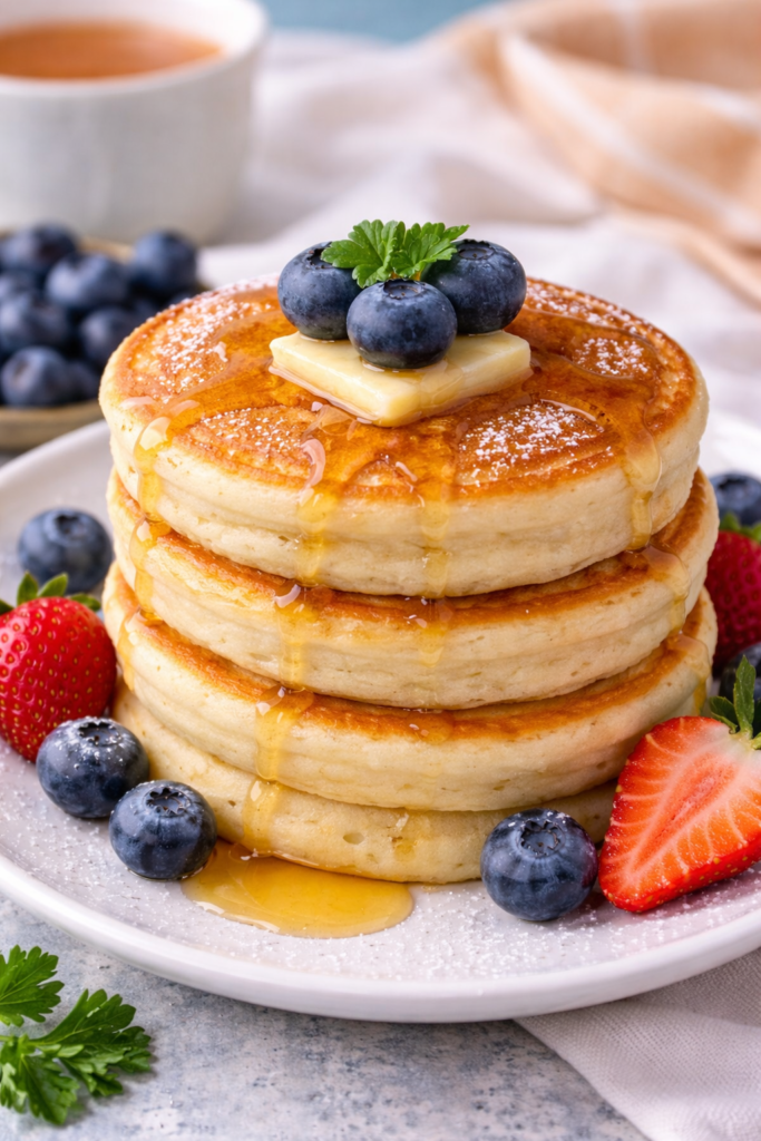 Fluffy pancakes stacked with butter and syrup