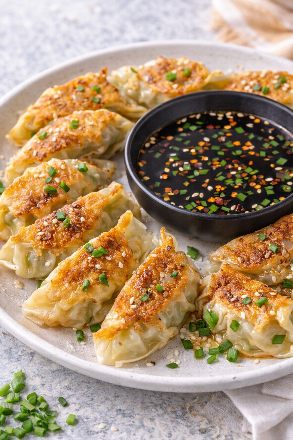 Crispy cabbage dumplings with soy dipping sauce