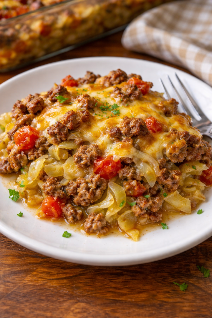 baked cabbage with ground beef in dish